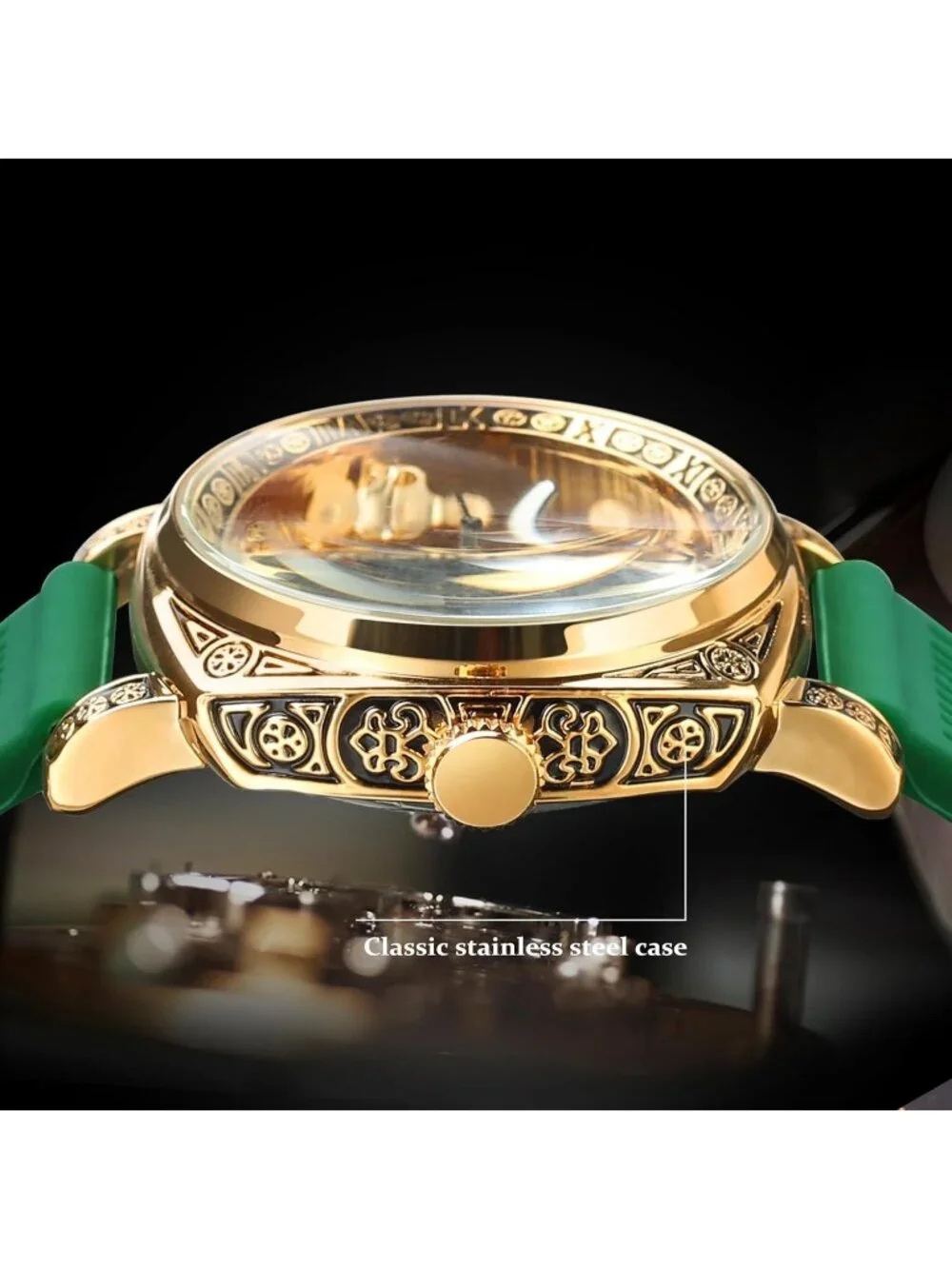 Men's Green Gold Square Mechanical Rubber Strap Self-Wind Carved Automatic Watch